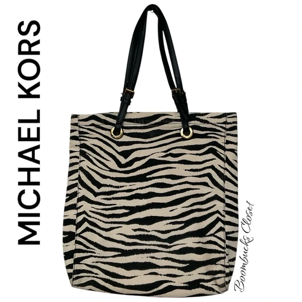 New Michael by Michael Kors Zebra print canvas tote black and white